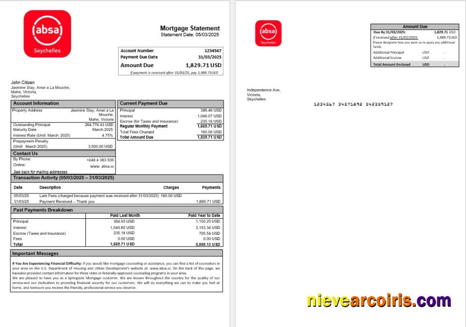 Seychelles ABSA bank mortgage statement